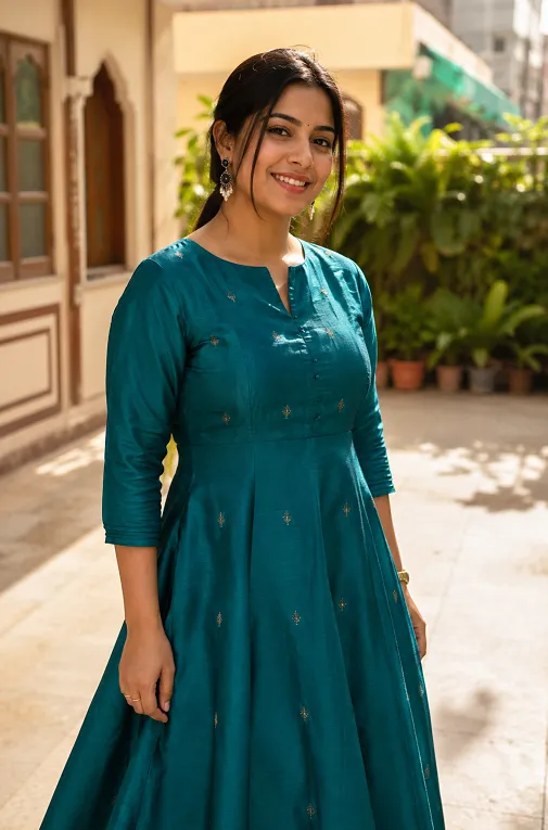 kurti for inverted triangle shaped body with flare starting at the natural waist