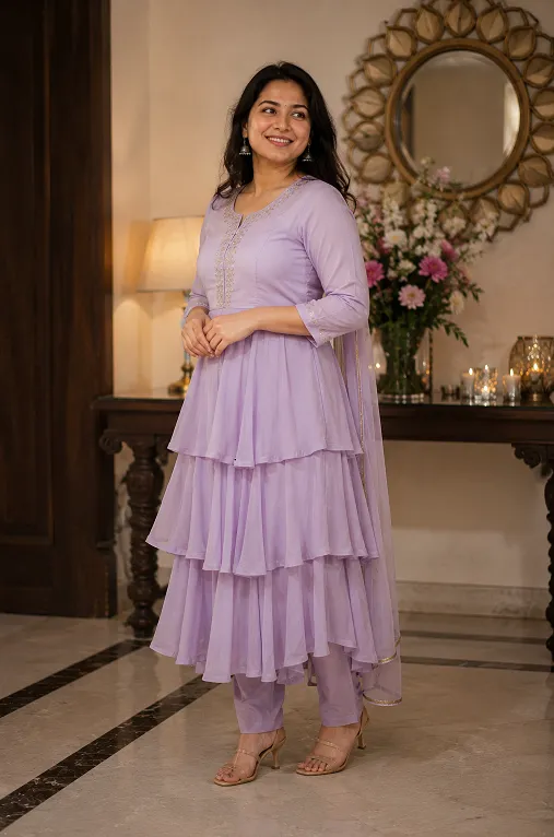 Layered tiered kameez styled for a rectangle body shape