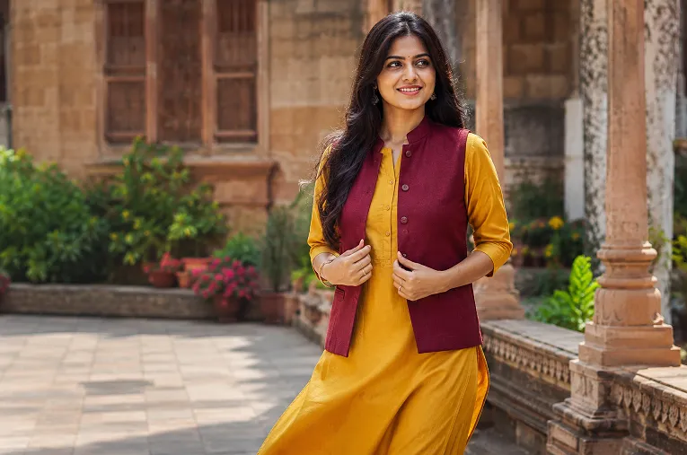 woman layering jacket over kurta in a courtyard