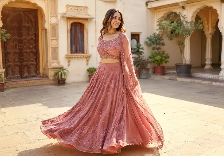 lehenga for pear shaped body in an A-line silhouette with a wide neckline blouse