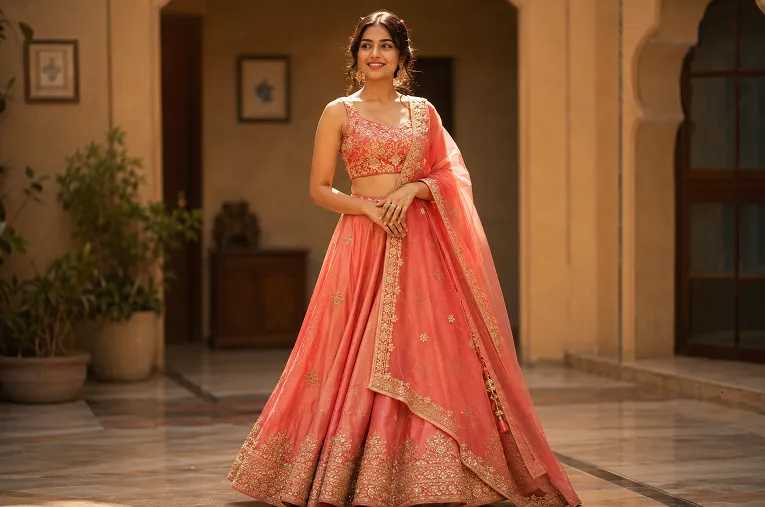 lehenga length for height guide showing floor-grazing hemline fit