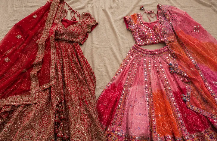 Lehenga vs chaniya choli comparison flat lay showing zardozi embroidered bridal lehenga beside a mirror work chaniya choli