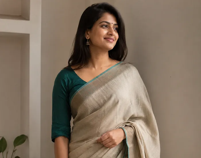 Linen saree styling for office paired with a contrast colour blouse