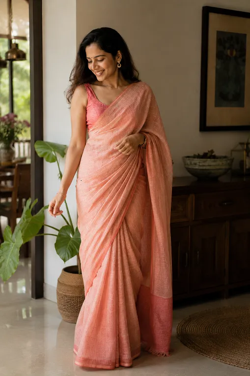 Full length linen saree styling look showing the complete drape and fall