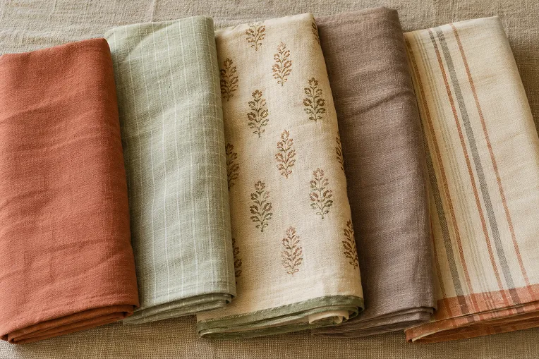 Different linen saree varieties including solid, checkered, block print and striped styles