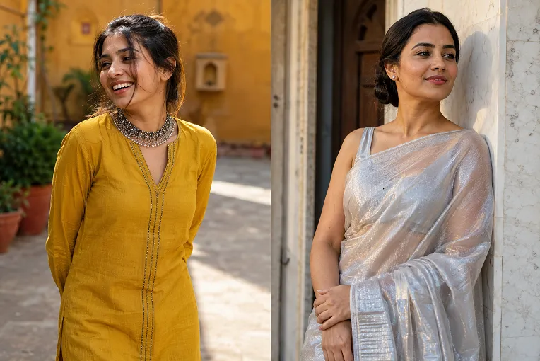 comparing matte cotton and shiny silk fabric before choosing ethnic wear jewellery