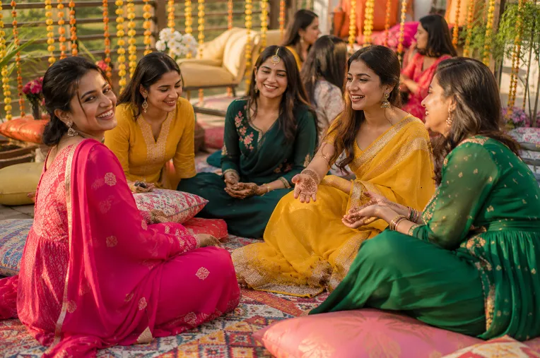 mehndi function dress worn by group of guests sitting cross legged at ceremony