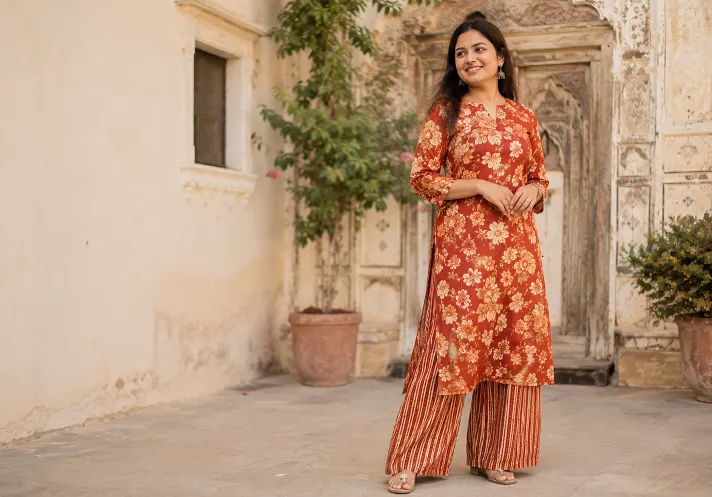 Mixing prints in ethnic wear with a floral kurta and striped palazzo in matching colours