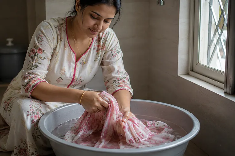 hand washing a saree at home after monsoon rain exposure