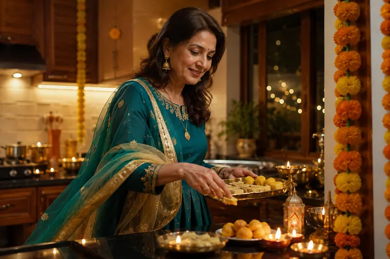Woman in georgette Anarkali suit managing Diwali hosting and puja duties