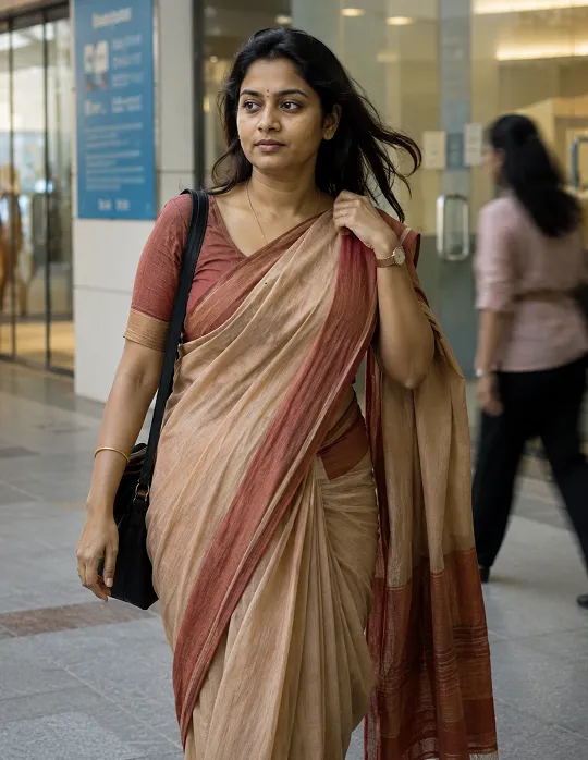 Woman walking through office corridor wearing a cotton saree, adjusting pallu