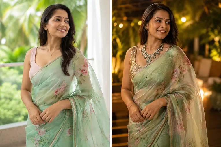 same saree restyled from daytime to evening look for a destination wedding