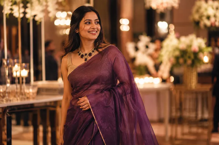 woman styled in organza saree with open pallu and statement necklace for evening function