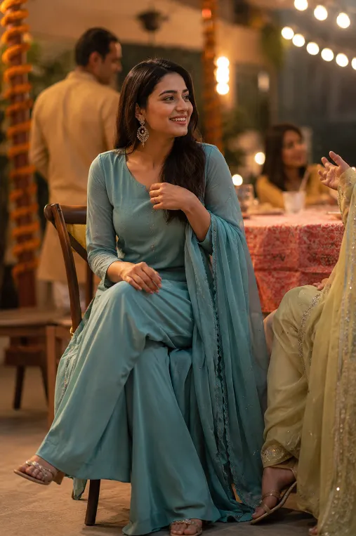 Woman seated in a georgette palazzo suit showing natural fabric drape
