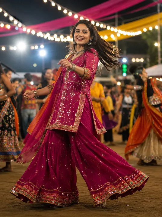 Woman in a festive palazzo suit outfit for Navratri and Diwali celebrations