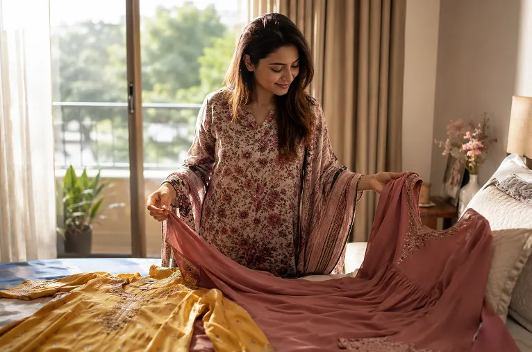 Indian woman comparing a palazzo suit vs salwar kameez outfit on a bed before getting dressed