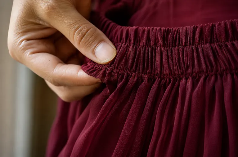Close up of Patiala salwar pleats showing fabric yardage and pleat construction quality
