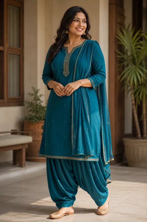 Curvy body type styling for patiala suit with fitted straight-cut kameez