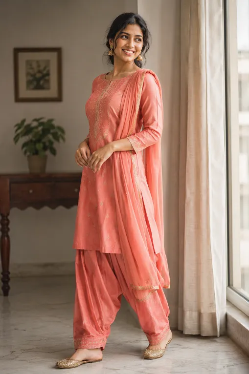 Woman demonstrating correct kameez length for patiala suit styling based on body proportion