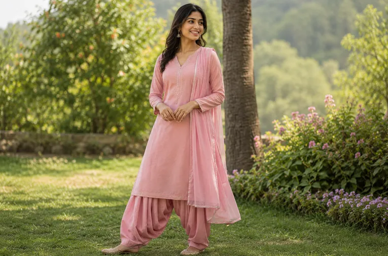Petite body type styling tip for patiala suit with deep neckline and shorter dupatta