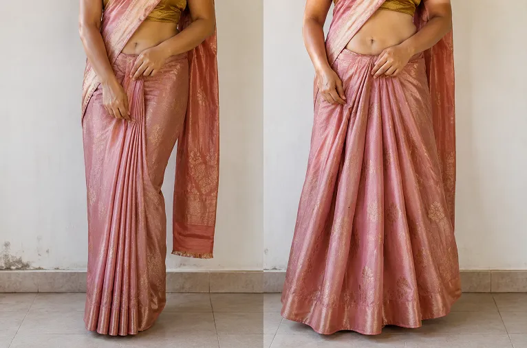 Comparison of narrow versus wide petticoat flare and how it changes saree pleats