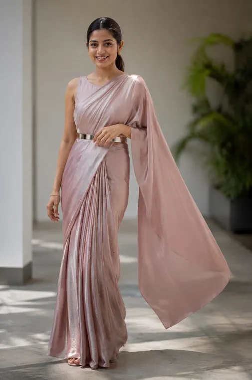 Pre-draped saree with cape overlay and belt, a trending ready-to-wear style for young women