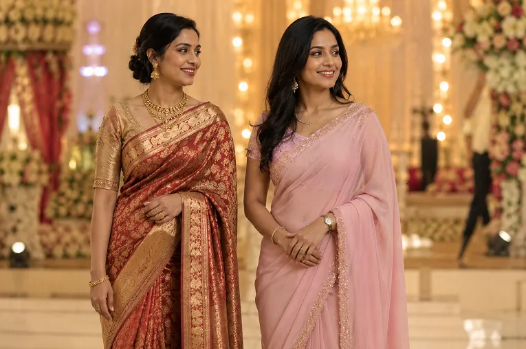 Pre-stitched saree vs traditional saree comparison showing hand draped pallu next to a stitched pallu