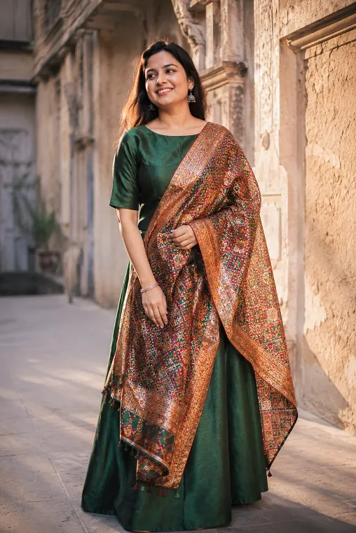 Printed dupatta contained to one zone over a plain blouse in ethnic wear