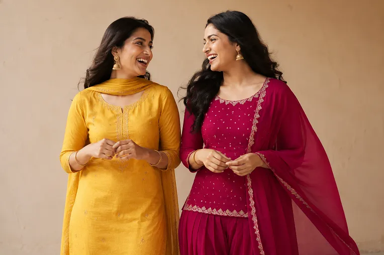 Punjabi suit vs salwar kameez comparison showing straight cut and Patiala salwar side by side