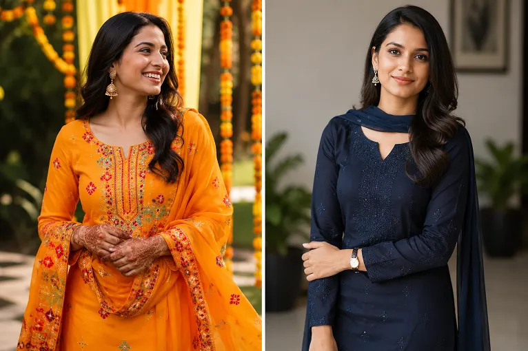 Punjabi suit styled for a festive occasion compared with salwar kameez styled for a formal event