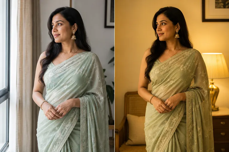 Pastel mint saree colour comparison under daylight and warm indoor lighting