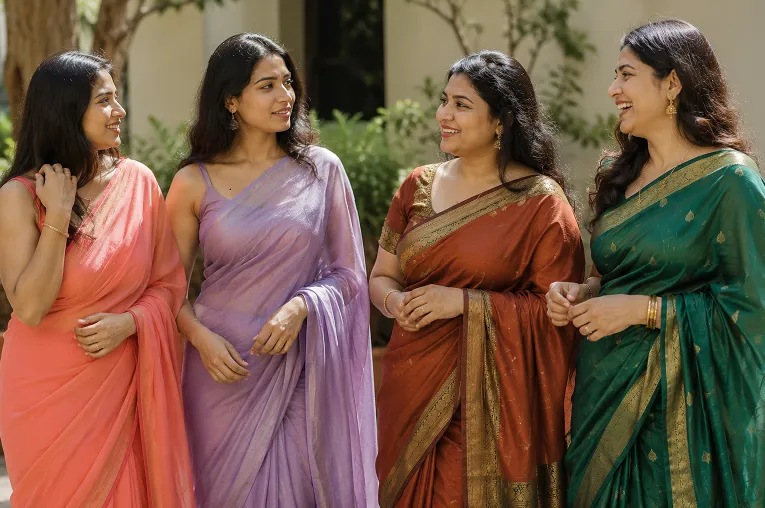 Four Indian women in coral, lavender, rust, and emerald sarees showing saree colour for skin tone across seasonal palettes