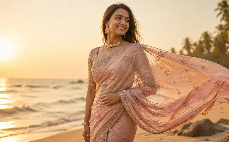 Saree for destination wedding pallu moving in the wind at an outdoor beach ceremony