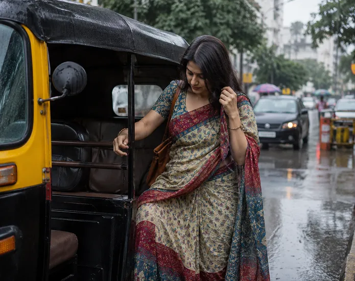 woman adjusting saree pallu while boarding an auto rickshaw during monsoon rain