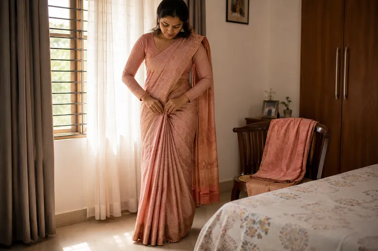 Woman adjusting saree pleats over a petticoat, saree petticoat guide for correct fit