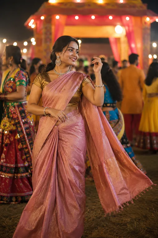 Saree pleats staying in place during a long Navratri garba night event