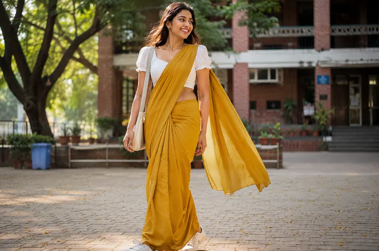 Young woman wearing a pre-draped saree with sneakers, one of the top saree trends for young women in 2026