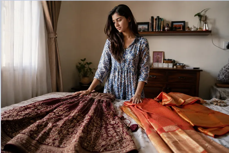 Young Indian woman comparing a heavily embroidered lehenga and a folded silk saree in a bedroom while deciding what to wear for a wedding.