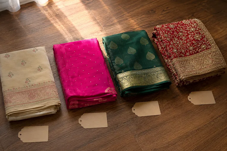 four saree categories laid out showing daily wear, festive, formal and wedding options