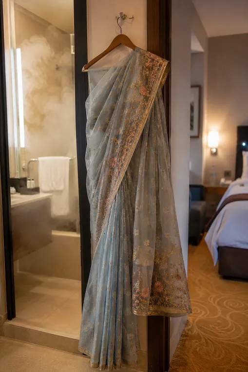 saree hanging near steam to remove travel wrinkles before a destination wedding