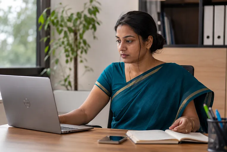 Indian woman wearing a teal cotton saree, one of the best sarees for office wear