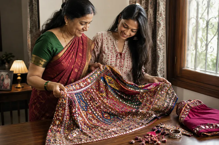 Tailor examining silk saree fabric before chaniya choli styling for garba conversion
