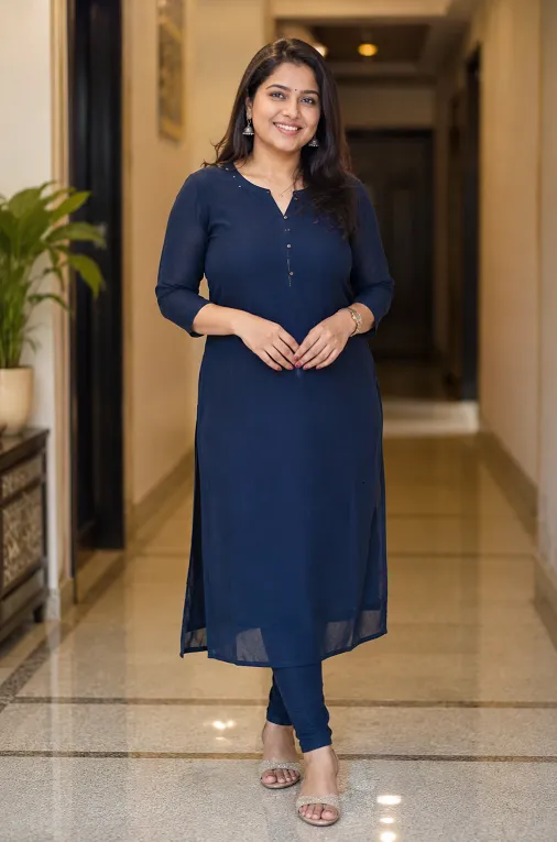 straight cut salwar kameez with churidar styled for an apple shaped body