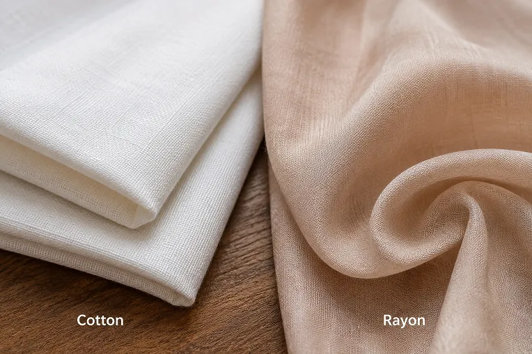 Close up comparison of crisp cotton and soft rayon kurti fabric texture