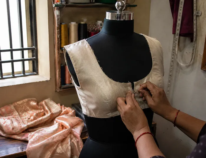 Tailor pinning a half stitched saree blouse on a mannequin in a sewing workshop, showcasing the custom blouse fitting and stitching process.