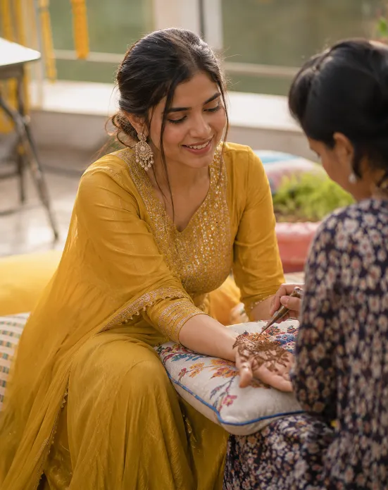 mehndi outfit ideas for guests with three quarter sleeve for easy henna application