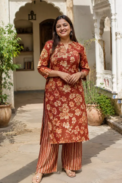 Two prints mixing in ethnic wear tied together by a shared colour family