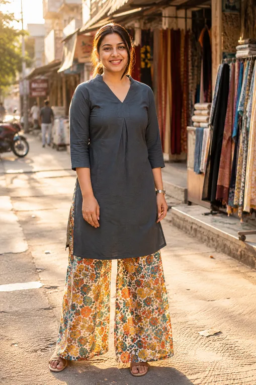 dark toned V-neck kurti with bright printed bottom for broad shoulders