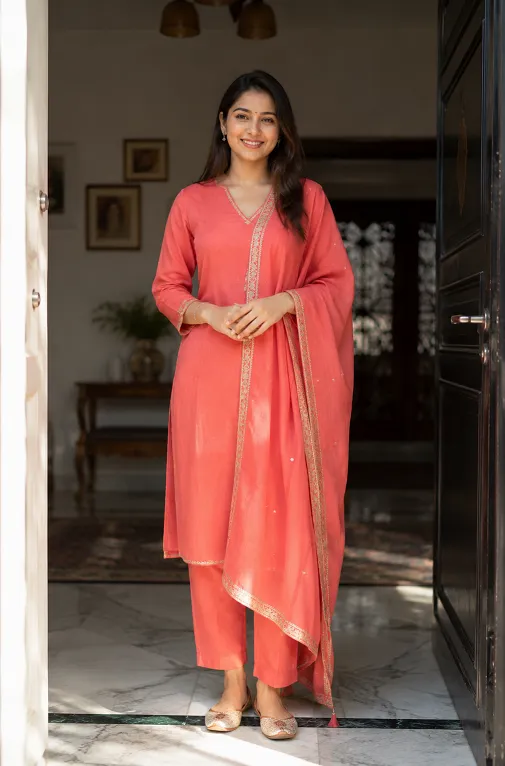 Vertical front-pallu dupatta drape styled for a short height woman