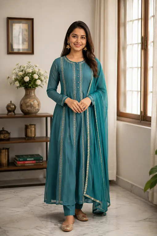 Vertical embroidered panels on an Anarkali suit styled for a short height woman